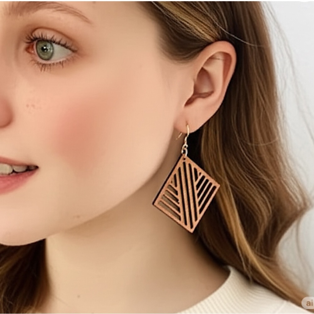 Geometric Wooden Earrings Handmade New - Picture 2 of 4